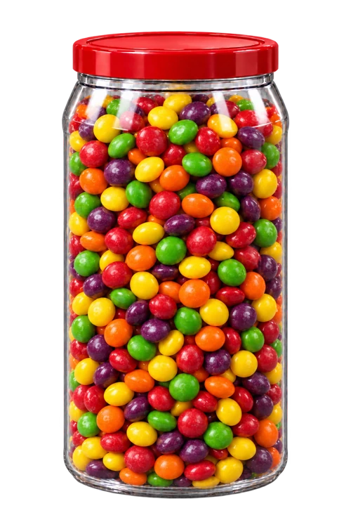 Unlabelled fruit candy container with red lid