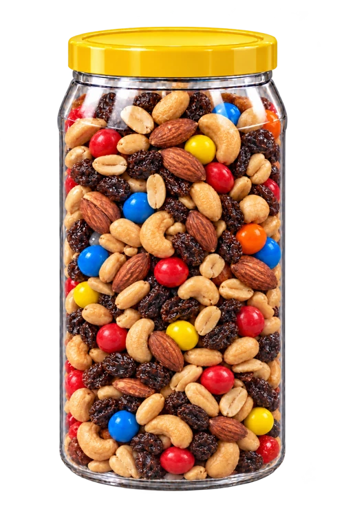 Unlabelled Sweet Temptation snack mix container with yellow lid