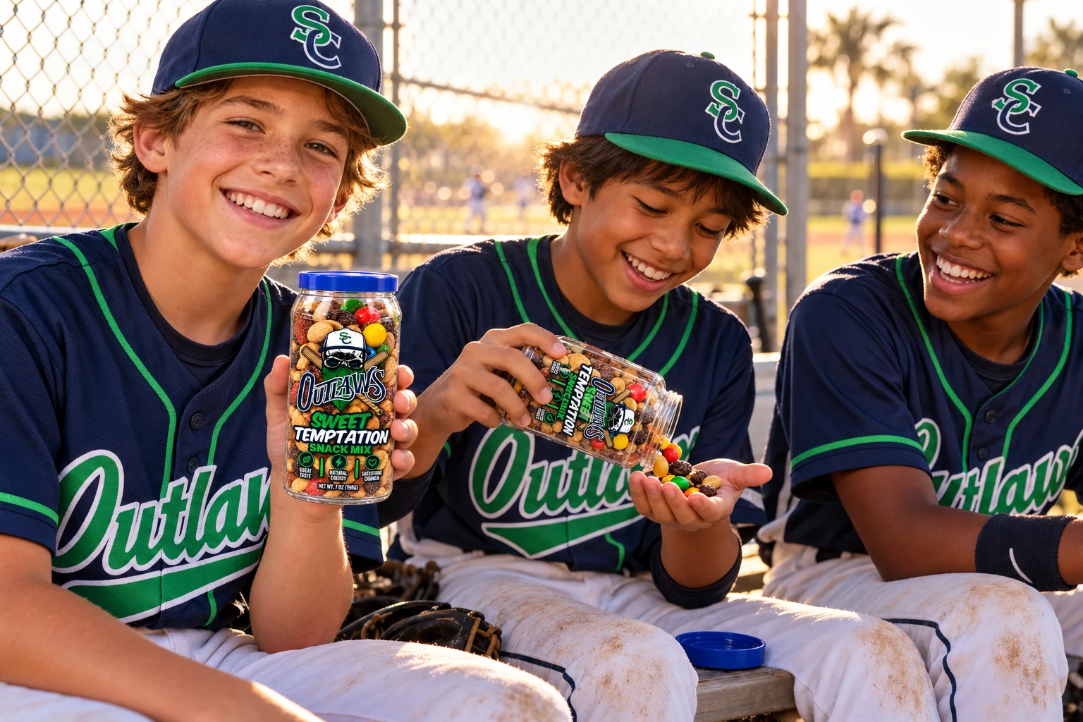 Young baseball teammates sharing a snack break with their blue-lid Outlaws snack mix containers