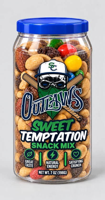 Outlaws branded snack container, Baseball · Sweet Temptation