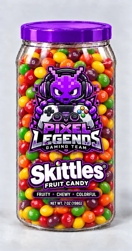Pixel Legends branded snack container, Gaming · Fruit candy