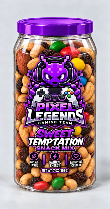 Pixel Legends branded snack container, Gaming · Sweet Temptation