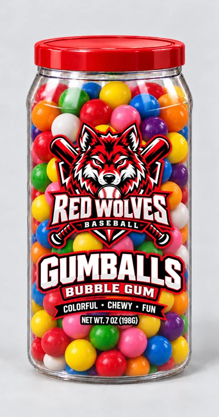 Red Wolves branded snack container, Baseball · Gumballs